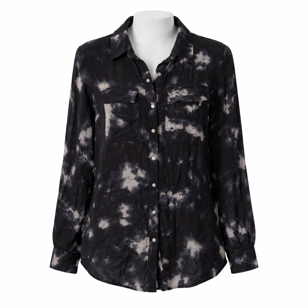 Size XL Zara Women’s Black Tie Dye Button Up Blouse Camisa Feminina Shirt Top